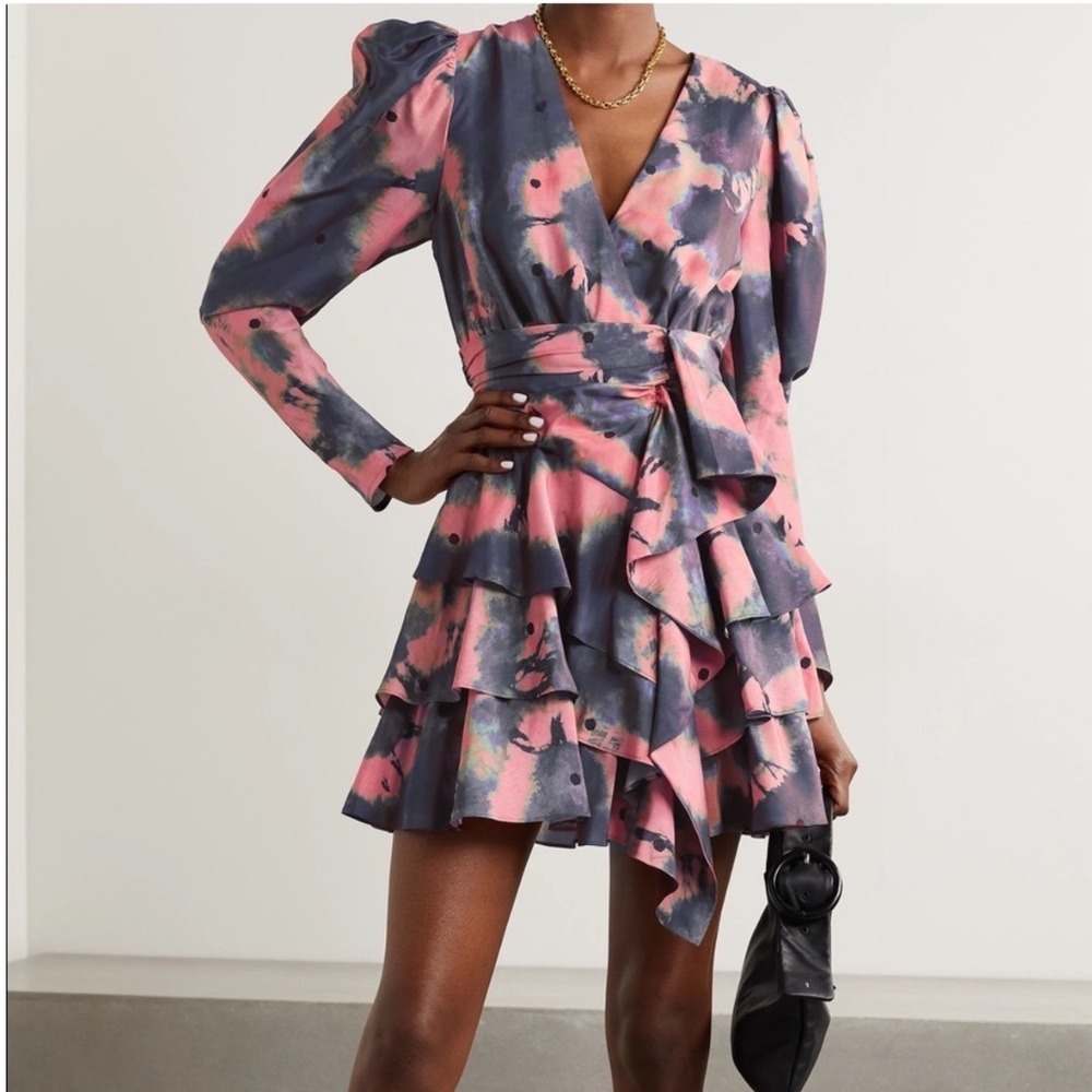 Ulla Johnson Semira Silk Tie Dye Ruffle Puff Sleeve Mini Dress Size 2